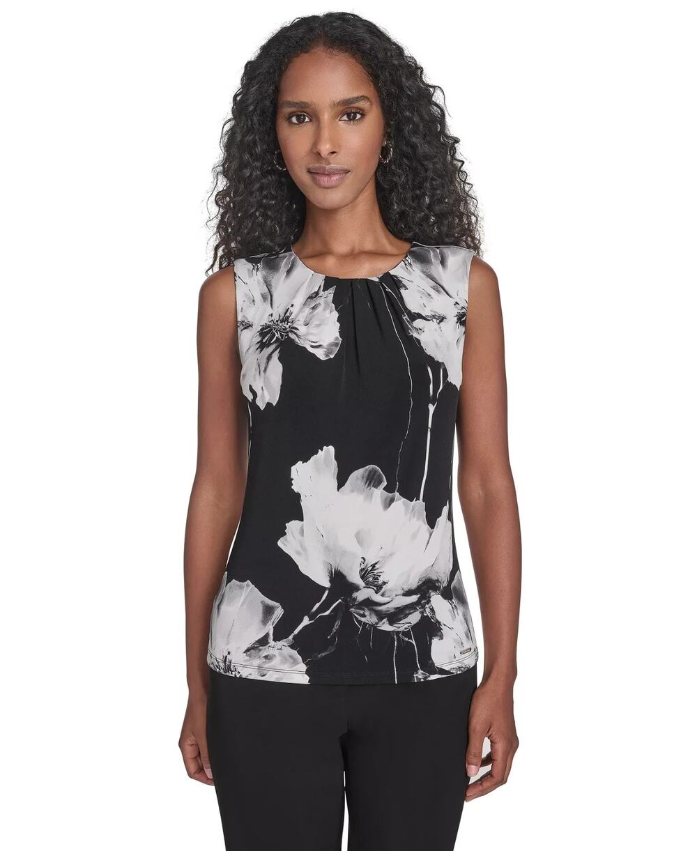 Calvin Klein Top Womens Small Black Floral Pleated Sleeveless Cottage Core NWT